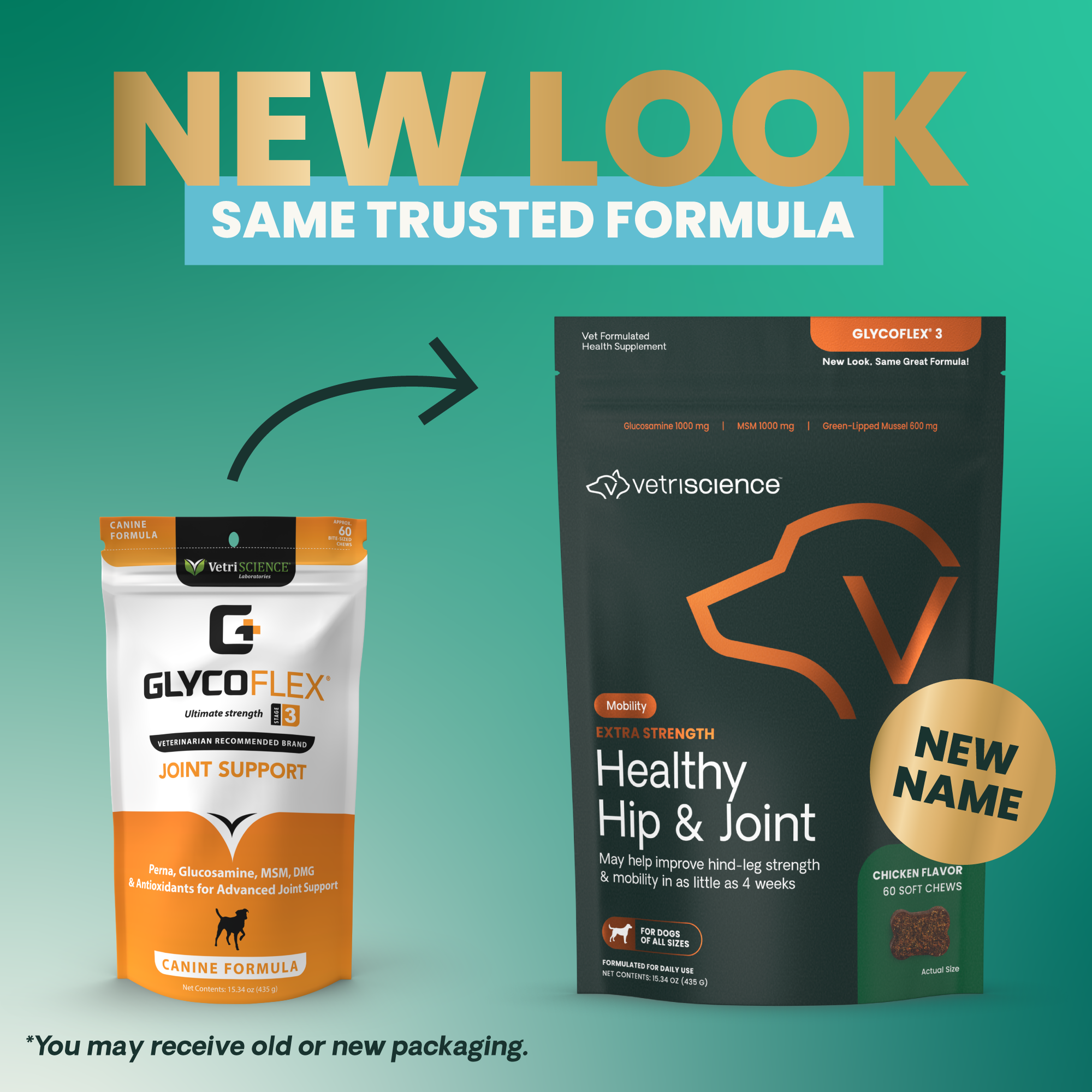 VetriScience Glycoflex 3 to Extra Strength Healthy Hip & Joint Product Rebranding Photo