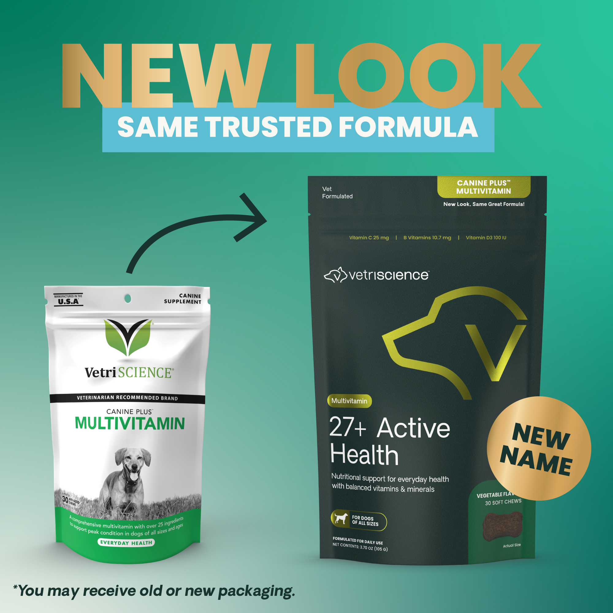 Canine plus multivitamin from VetriScience is not 27+ Active Health Multivitamin Rebranding Product Photo