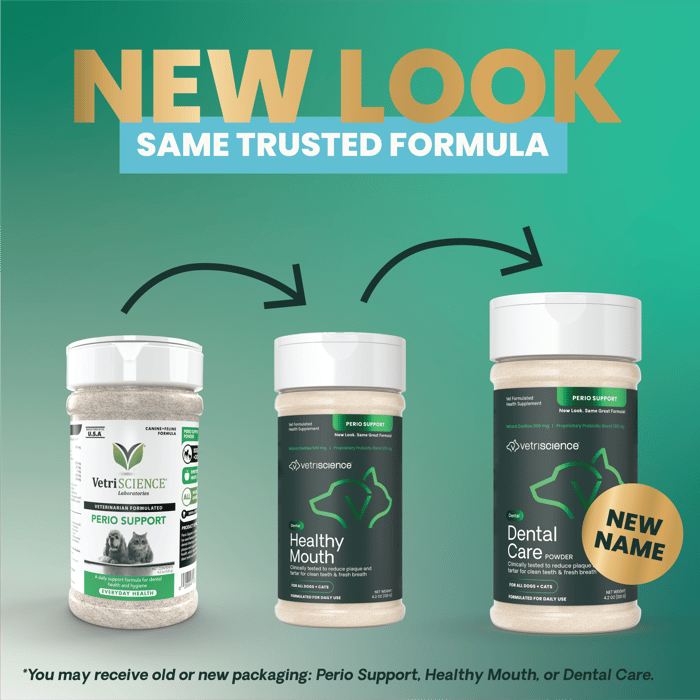 VetriScience Perio Support is now Dental Care Powder VetriScience Rebranding Product Photo