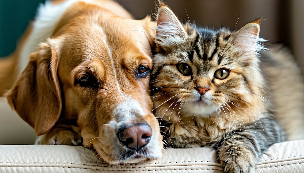 A cute pair of aging dog and cat happy and content