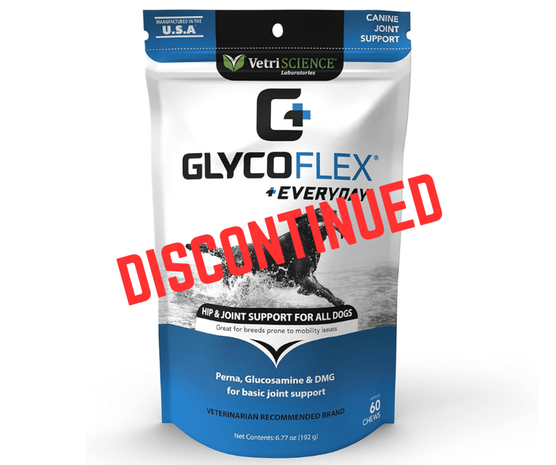 The legacy GlycoFlex Everyday packaging with overlay text reading ‘discontinued’.