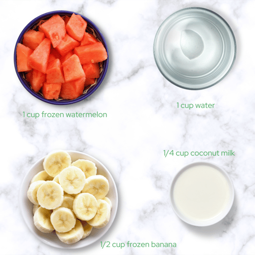 ingredients for a dog smoothies: watermelon, water, sliced bananas, and coconut milk.