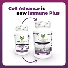 Side-by-side bottles of Cell Advance 880 and Immune Plus with a purple arrow pointing to the new product. Text reads "Cell Advance is now Immune Plus".