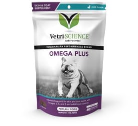 VetriScience Omega Plus Advanced Skin Supplement for Dogs, Chew, Duck Flavor 40 Count