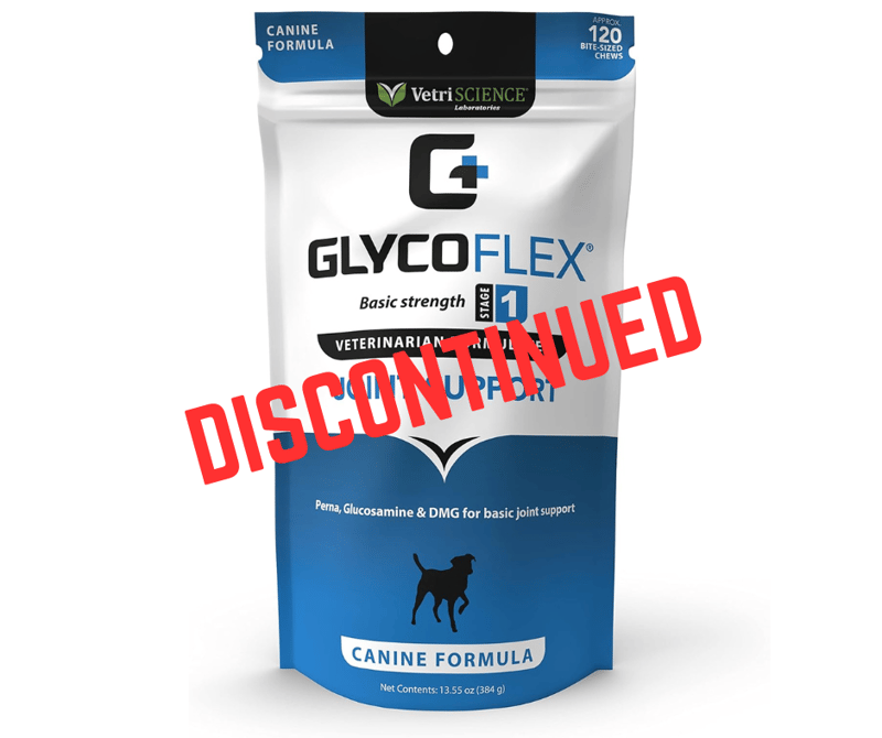 The legacy GlycoFlex Stage 1 packaging with overlay text reading ‘discontinued’.