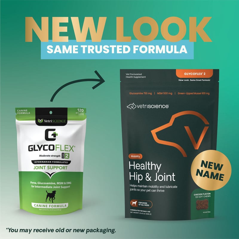 The old GlycoFlex Stage 2 packaging next to the new Healthy Hip & Joint packaging.