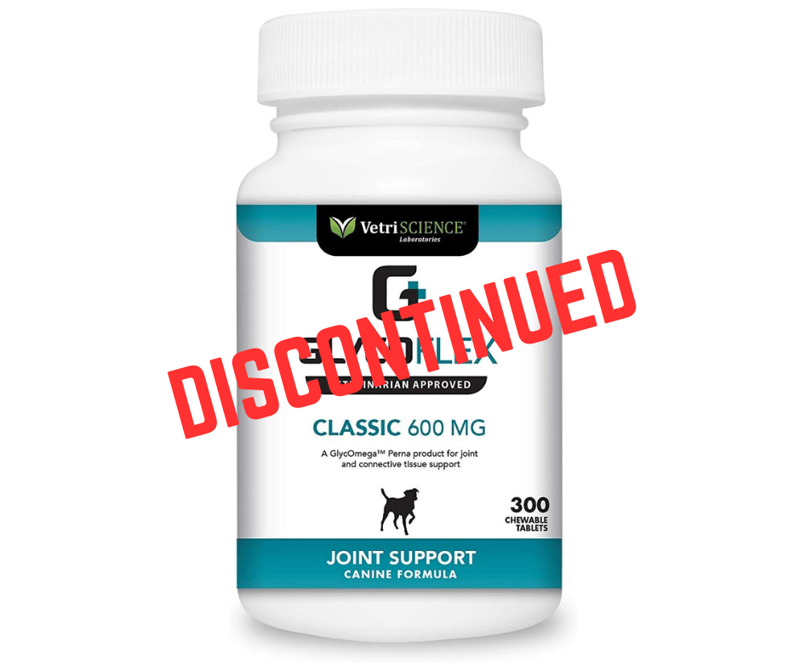 The legacy GlycoFlex Classic 600 MG packaging with overlay text reading ‘discontinued’.