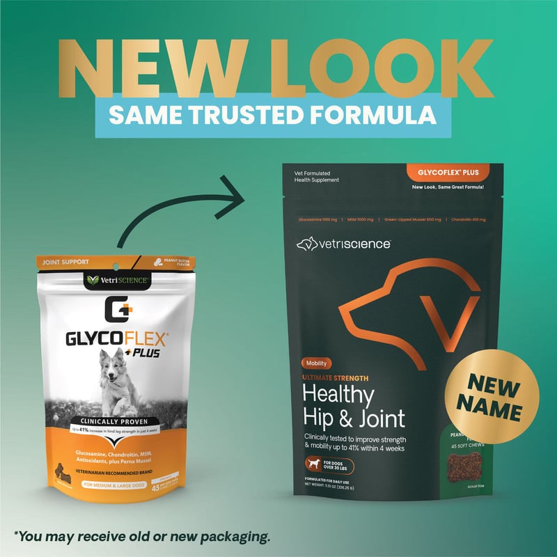 The old GlycoFlex Plus packaging next to the new Ultimate Strength Healthy Hip & Joint packaging.
