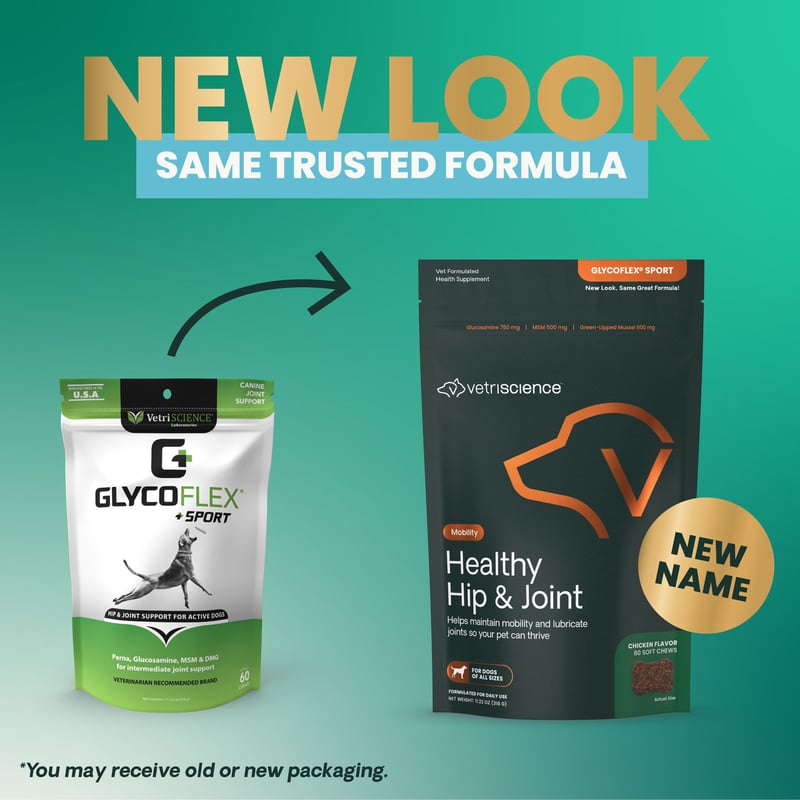 The old GlycoFlex Sport packaging next to the new Healthy Hip & Joint packaging.