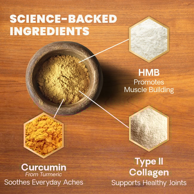 A bowl of granules sits on a wooden table, with a text overlay reading Science-Backed Ingredients. Arrows point to three ingredients, and these read: HMB, promotes muscle building; Curcumin from turmeric soothes everyday aches; Type II collagen, supports healthy joints